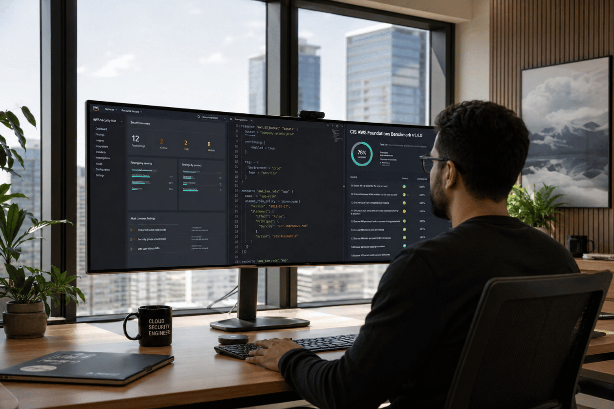 AI image prompt — A realistic candid photograph of a professional cloud security engineer working on a large high-end monitor in a bright office environment. Natural daylight streams through massive windows. The screen shows a clean AWS console, Terraform configuration files and a CIS benchmark compliance dashboard with subtle cyan accents. Potted plants, stylish wood accents, premium corporate office, 8k resolution