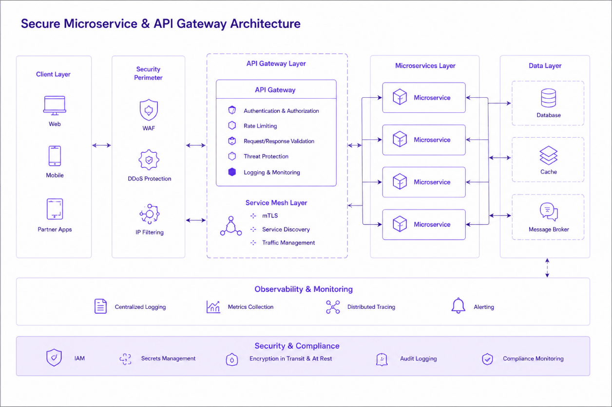 AI image prompt — Ultra-realistic executive presentation scene in a bright boardroom with natural daylight. A professional female security architect presents a secure, multi-layered microservice and API gateway architecture diagram on a large white screen with elegant violet (#7c3aed) line details. Corporate executives listen intently around a sleek modern conference table. Shot on Hasselblad, premium corporate high-end office aesthetic