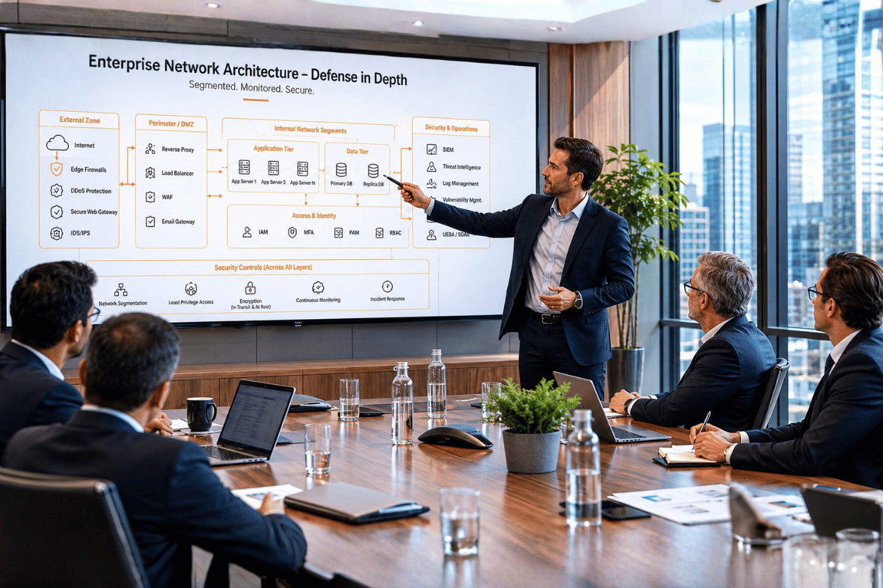 AI image prompt — A highly detailed, professional enterprise network architecture diagram outlining the secure hybrid OT/IT infrastructure, domain controllers, Active Directory boundaries, and multi-layered access controls with elegant amber highlights.