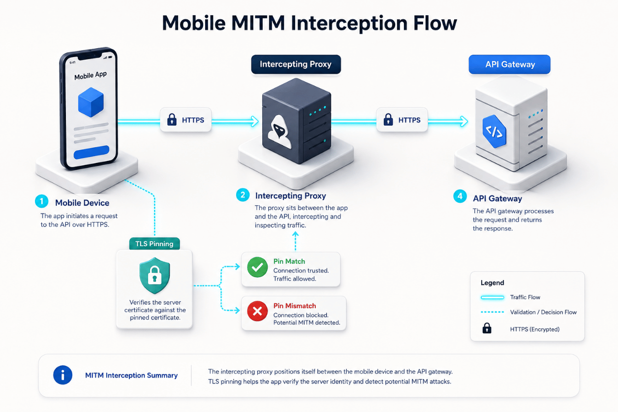 AI image prompt — A clean, bright 3D isometric infographic diagram explaining a mobile MITM interception flow. Rendered on a minimalist off-white surface with soft studio shadows. Labeled blocks for Mobile Device, Intercepting Proxy, TLS Pinning, and API Gateway connected by glowing cyan (#00e5ff) flow lines. Elegant vector-art architectural render, professional corporate style