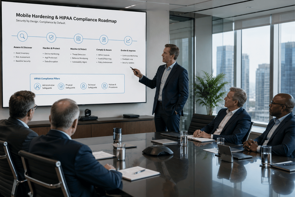 AI image prompt — Ultra-realistic executive presentation scene in a bright boardroom with natural daylight. A professional female security architect presents a mobile hardening and HIPAA-compliance roadmap on a large white screen with elegant cyan (#00e5ff) line details. Executives listen around a sleek modern table. Shot on Hasselblad, premium corporate high-end aesthetic