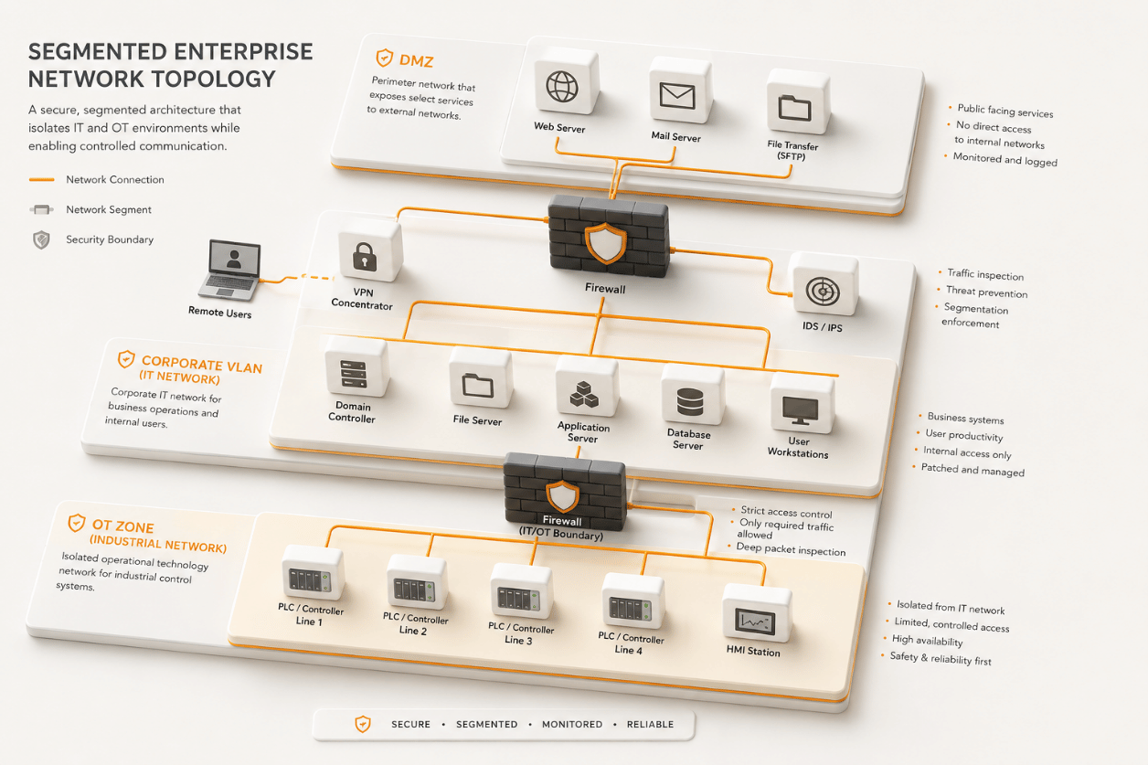 AI image prompt — A clean, bright diagram detailing the segmented enterprise network topology, highlighting clearly defined boundaries between the DMZ, corporate VLAN, and the isolated OT zone. Modern schematic illustrating network routing, secure choke points, and firewall rules in high resolution.