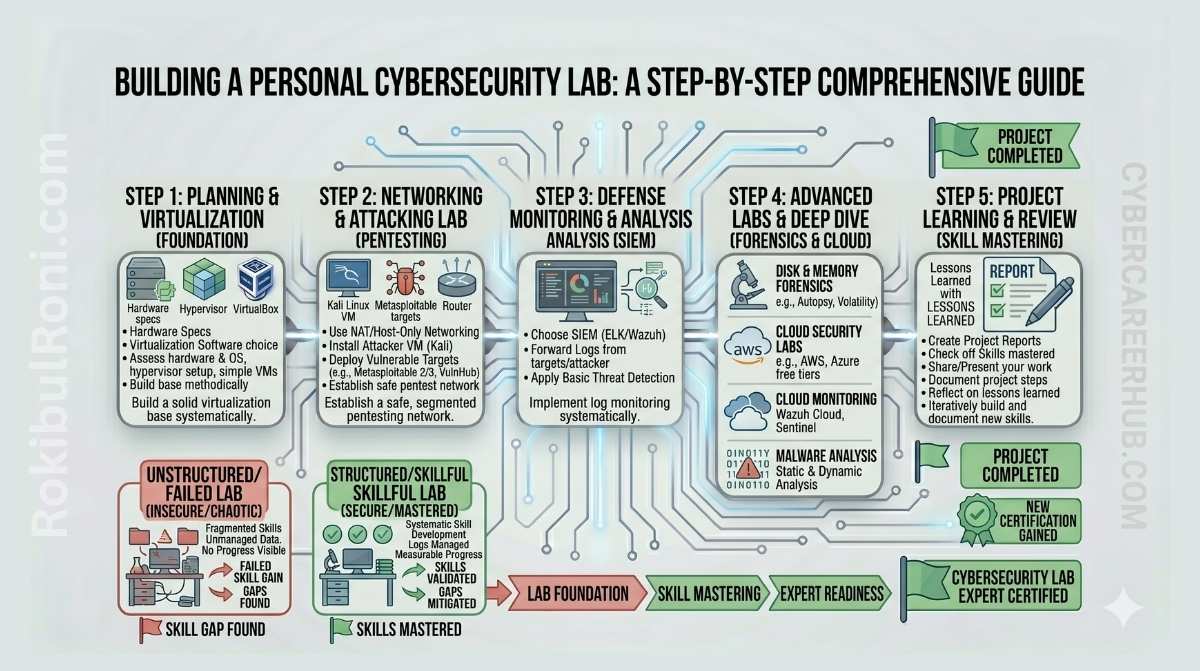 Personal cybersecurity lab architecture for pentesting, SIEM, forensics, and cloud practice
